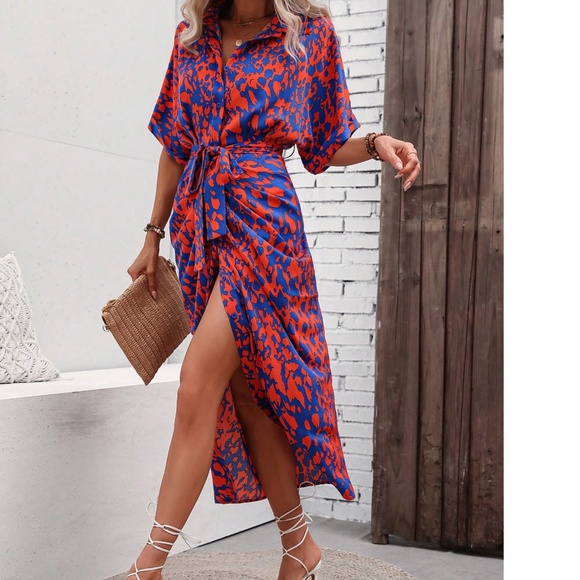 Leopard Print Button up Kimono Sleeve Shirt Dress - Picture 1 of 4